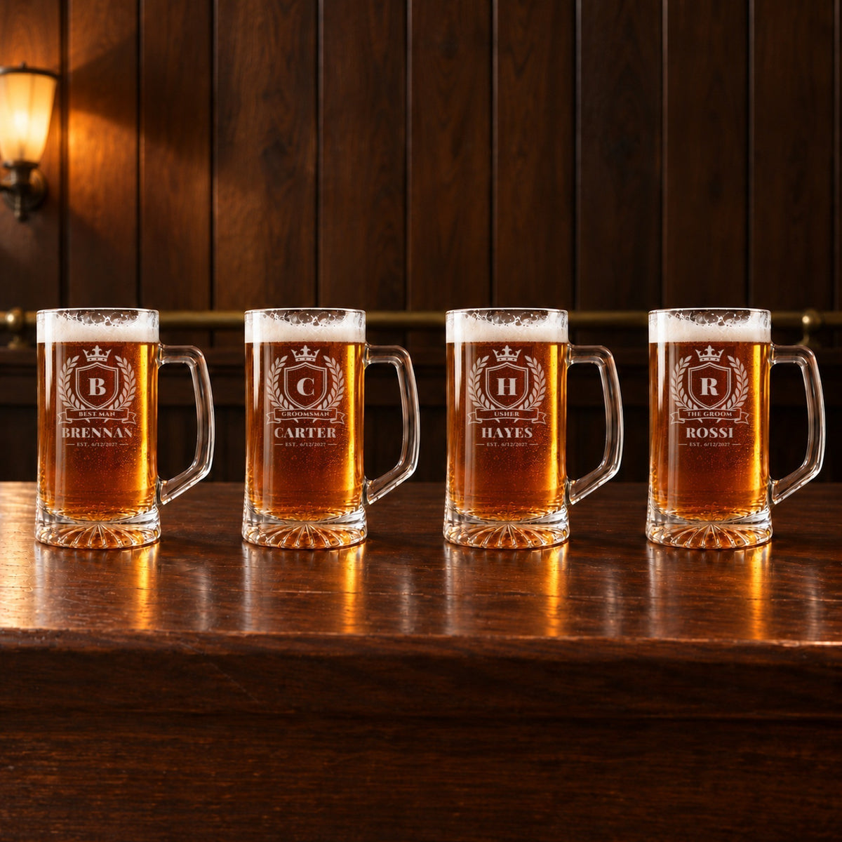 Four wedding party crest beer steins on a bar for one wedding: Best Man Brennan, Groomsman Carter, Usher Hayes and The Groom Rossi, each with his initial