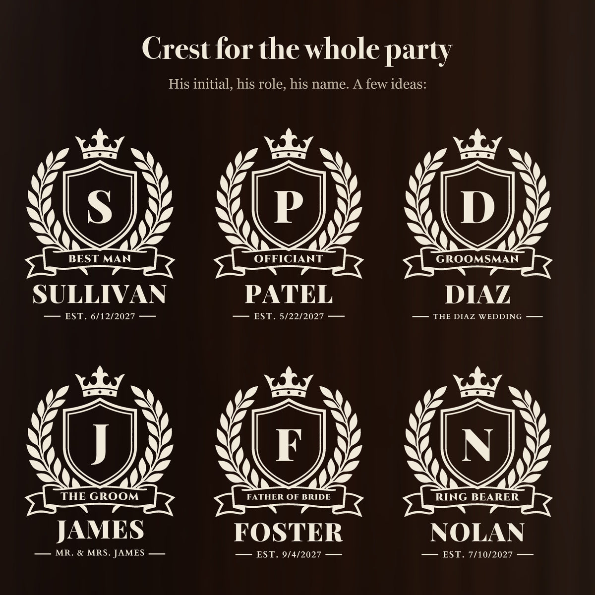 Six ways to personalize the crest stein for a wedding party: Best Man Sullivan, Officiant Patel, Groomsman Diaz, The Groom James and more