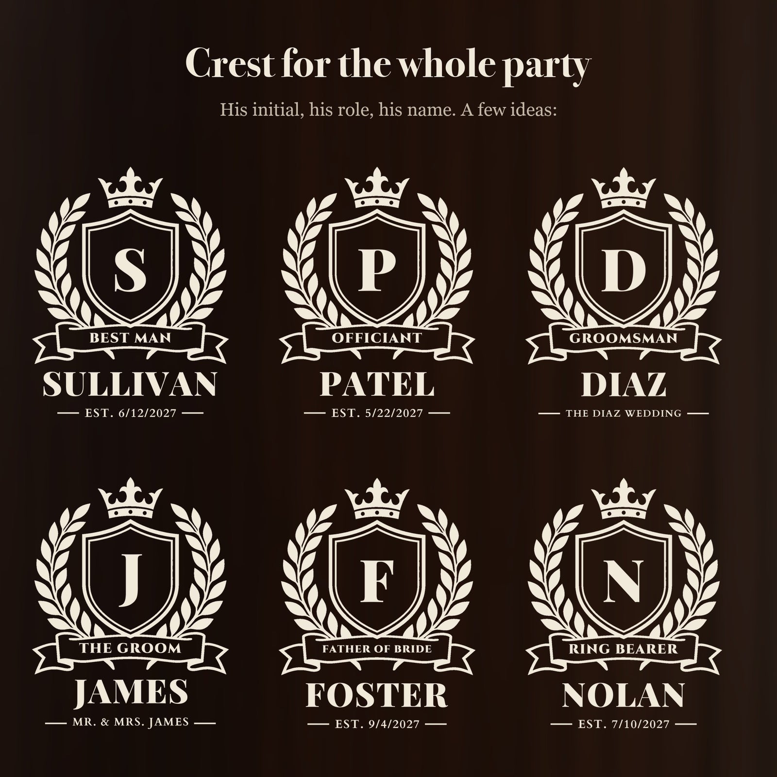 Six ways to personalize the crest stein for a wedding party: Best Man Sullivan, Officiant Patel, Groomsman Diaz, The Groom James and more