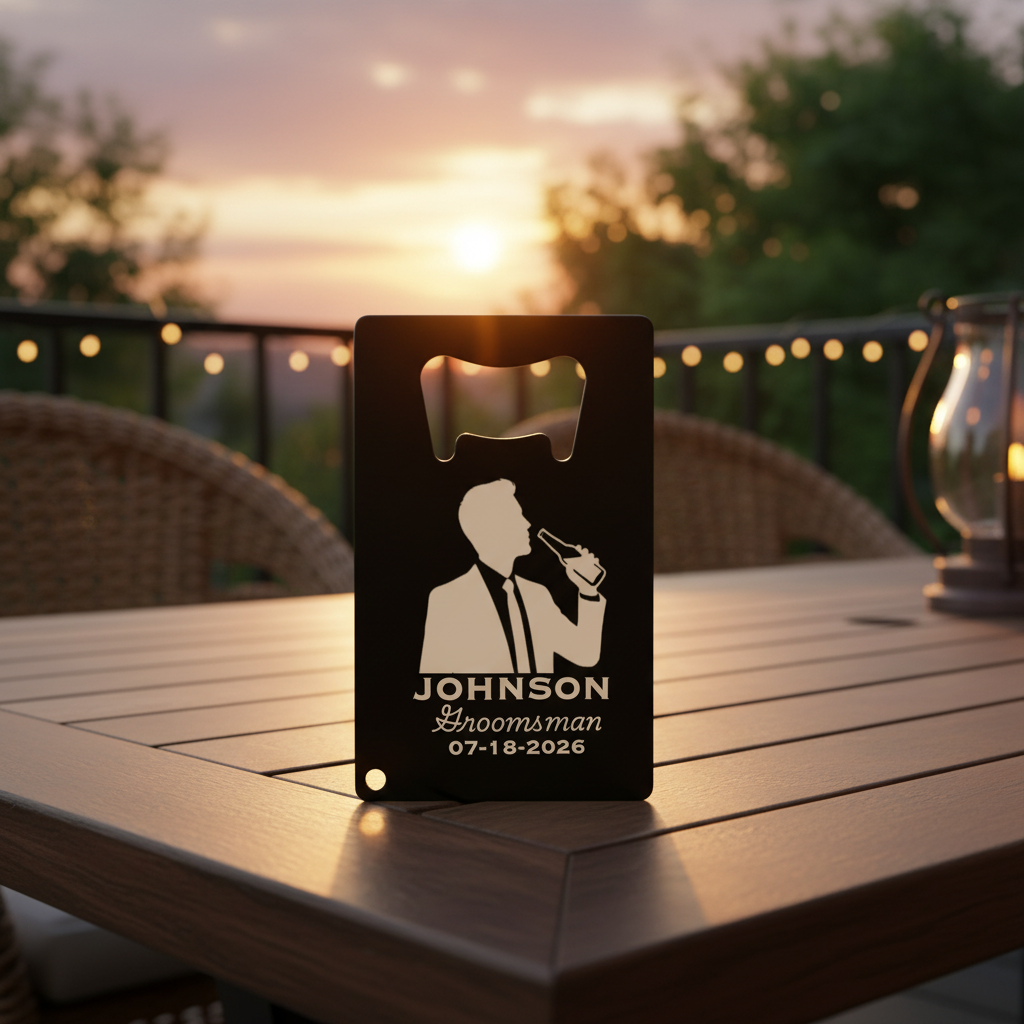 Black stainless steel card opener with laser-etched silhouette of man in tuxedo drinking, personalized with sample name "JOHNSON," "Groomsman," and date "07-18-2026