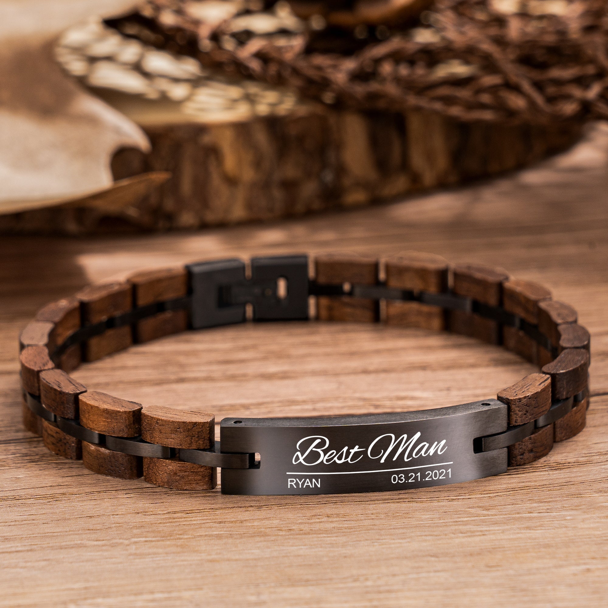 Men's Gold Bracelets - Black Leather Engraved Bracelets - Custom Bracelets