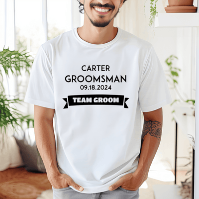 White Mens T-Shirt With Groom Team Design