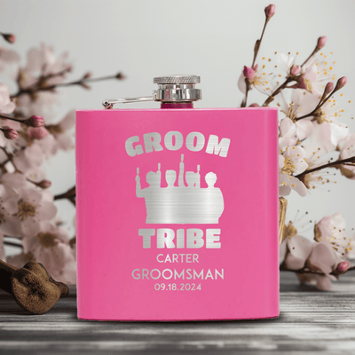 Pink Groomsman Flask With Grooms Tribe Design