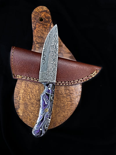 Purple Handle Damascus Knife - Groovy Guy Gifts