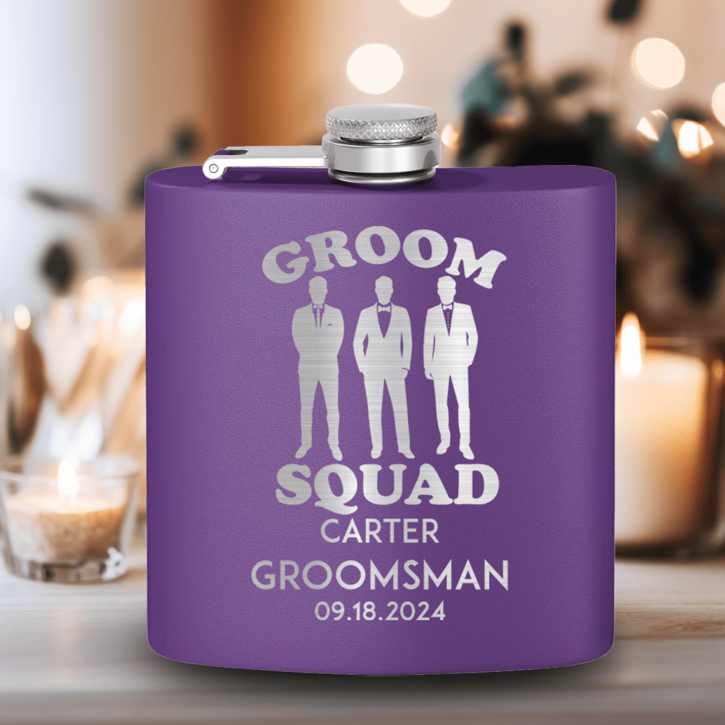 Purple Groomsman Flask With Men In Black Design