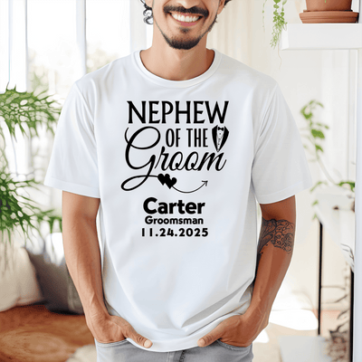 White Mens T-Shirt With Newphew Of The Groom Design