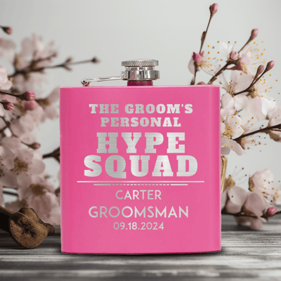 Pink Groomsman Flask With Personal Hype Squad Design