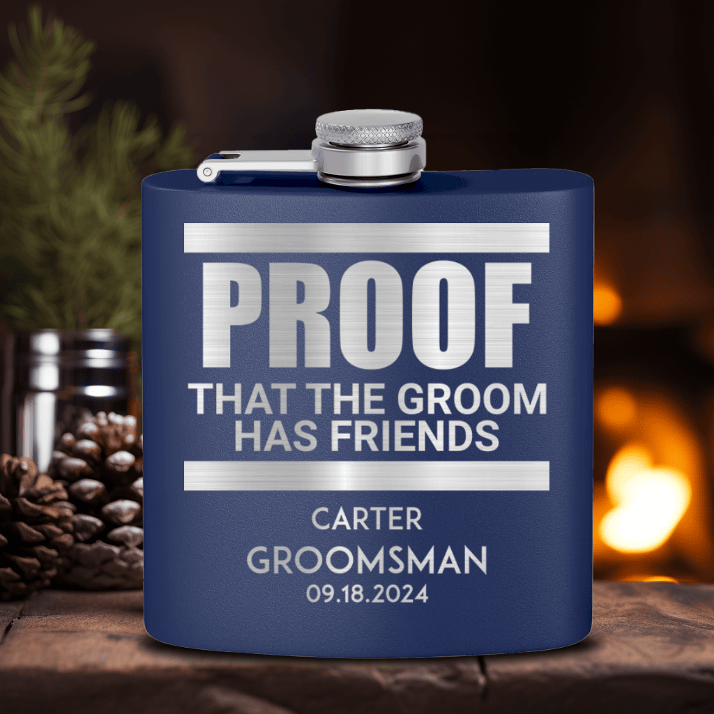 Navy Groomsman Flask With Proof Of Friends Design
