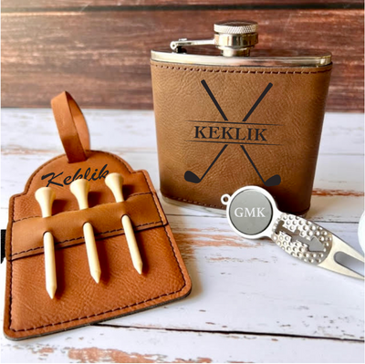 Personalized Golfers Gift Set with Custom Divot Tool, Bag Tag, and Flask