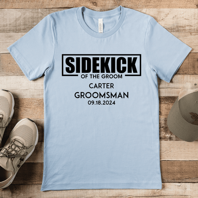 Light Blue Mens T-Shirt With Sidekick Of The Groom Design