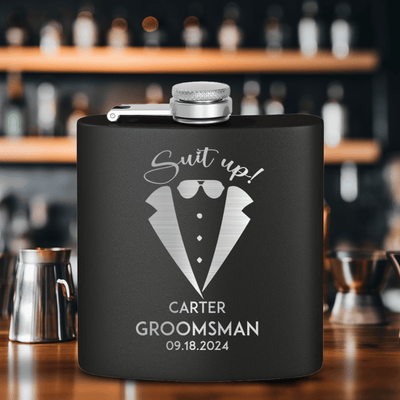 Black Groomsman Flask With Suit Up Boys Design