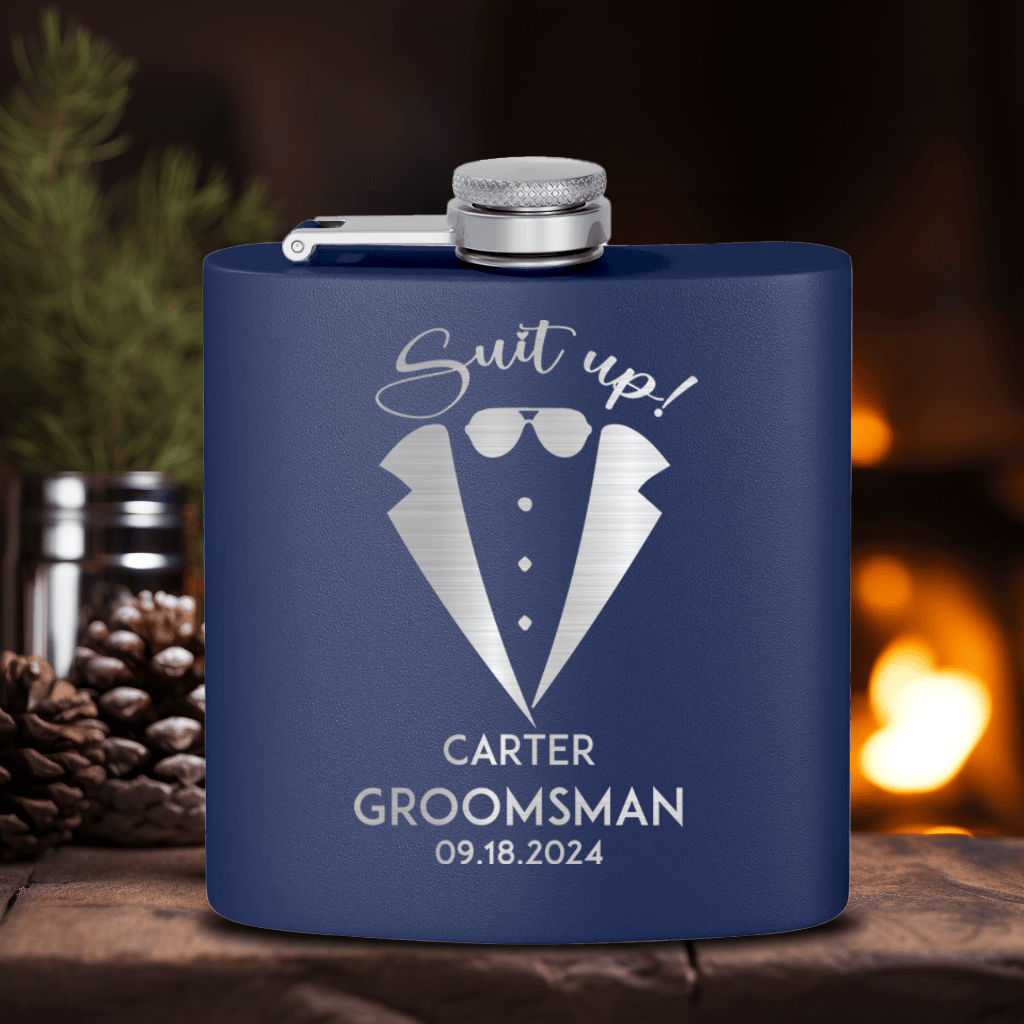 Navy Groomsman Flask With Suit Up Boys Design
