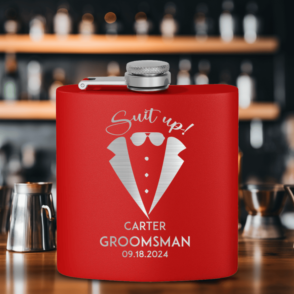 Navy Groomsman Flask With Suit Up Boys Design