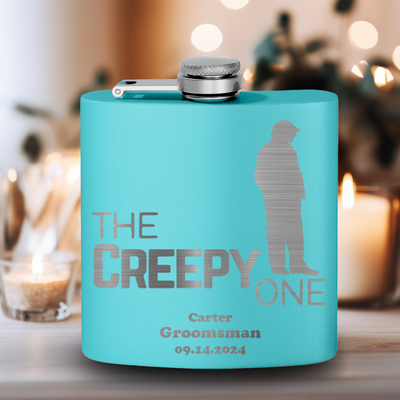 Teal Bachelor Party Flask With The Creepy One Design