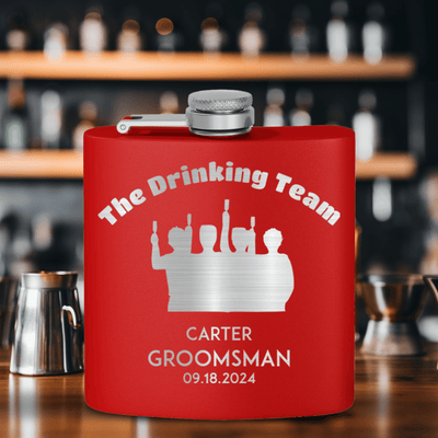 Red Groomsman Flask With The Drinking Team Design