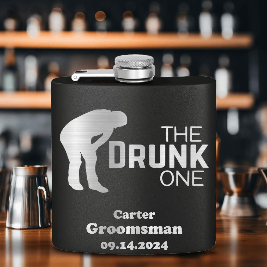 Black Bachelor Party Flask With The Drunk One Design