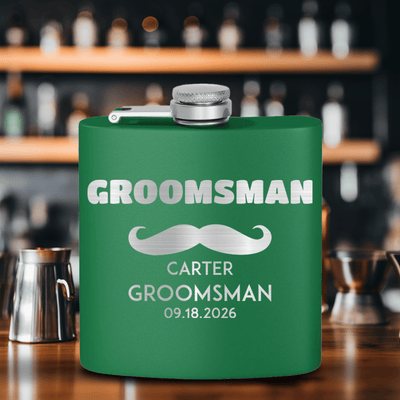 Green Groomsman Flask With The Mustache Amigo Design