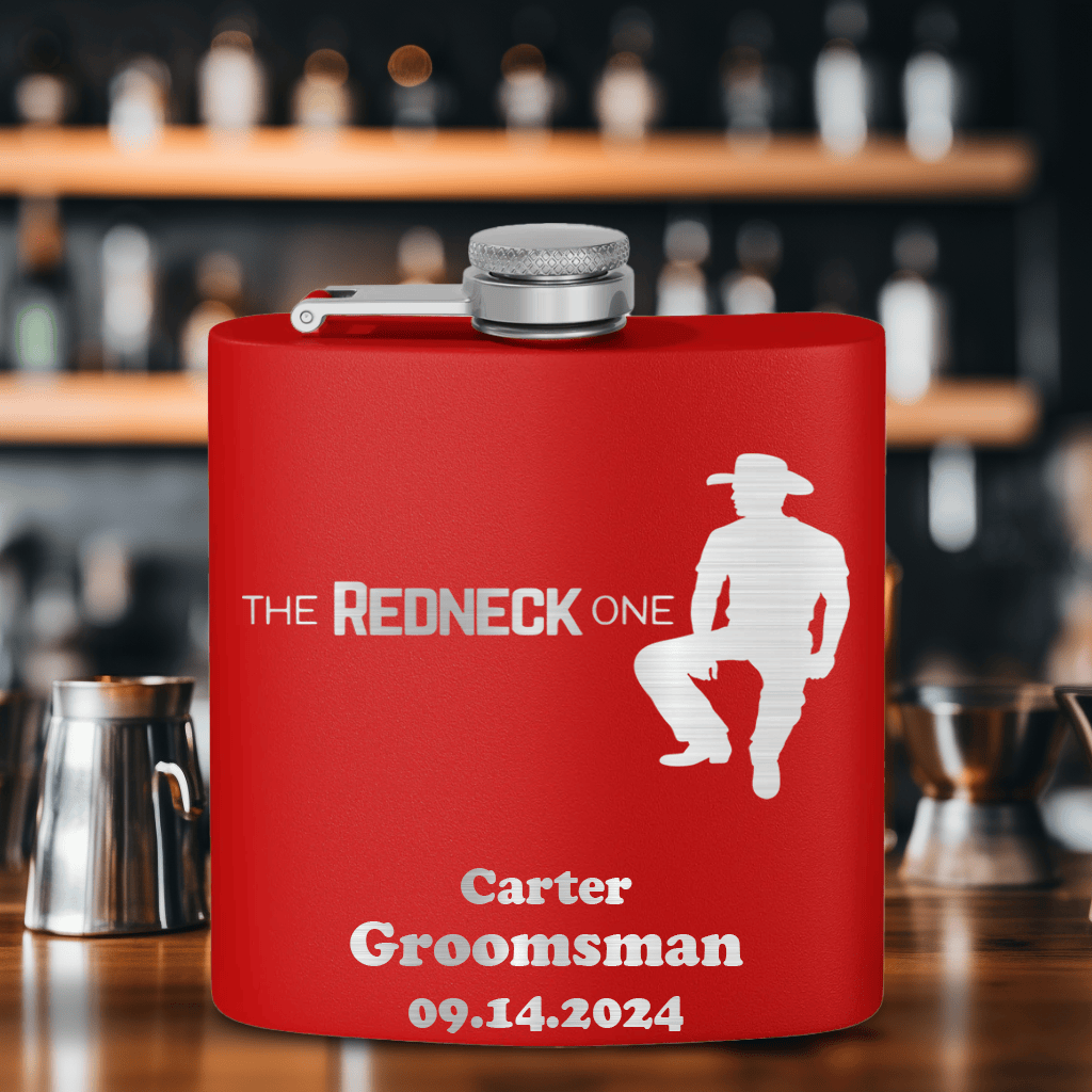 Red Bachelor Party Flask With The Redneck One Design