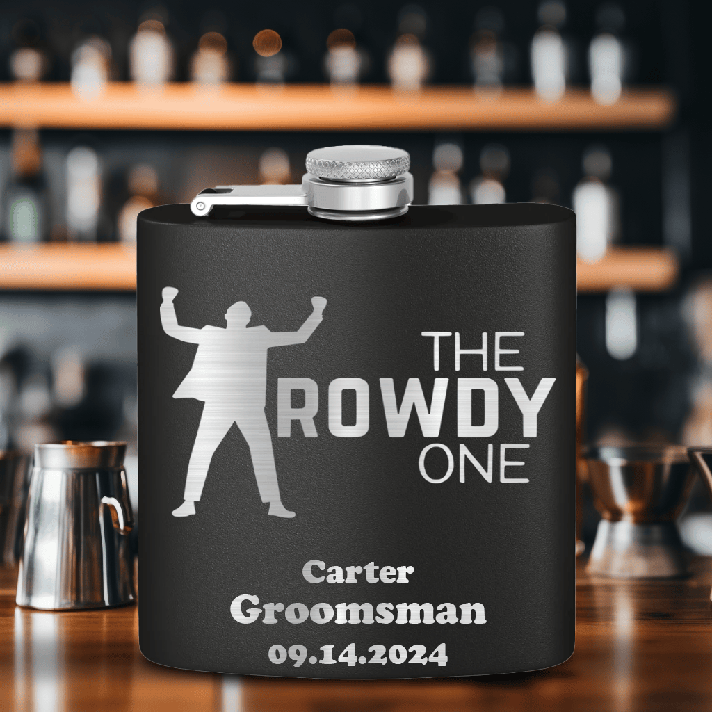 Black Bachelor Party Flask With The Rowdy One Design