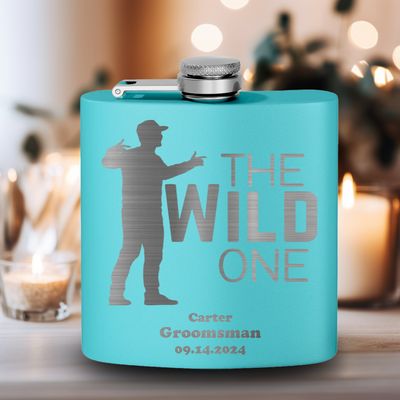 Teal Bachelor Party Flask With The Wild One Design