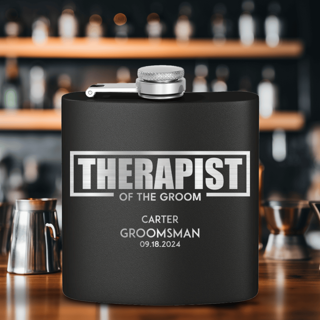Black Groomsman Flask With Therapist Of The Groom Design