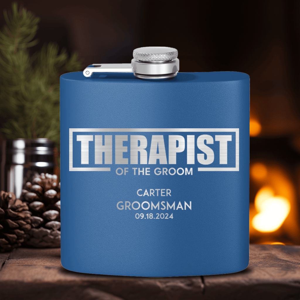 Blue Groomsman Flask With Therapist Of The Groom Design