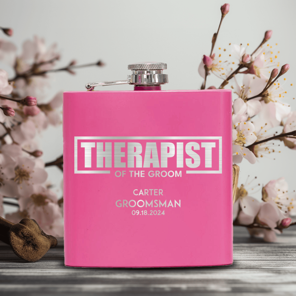Pink Groomsman Flask With Therapist Of The Groom Design