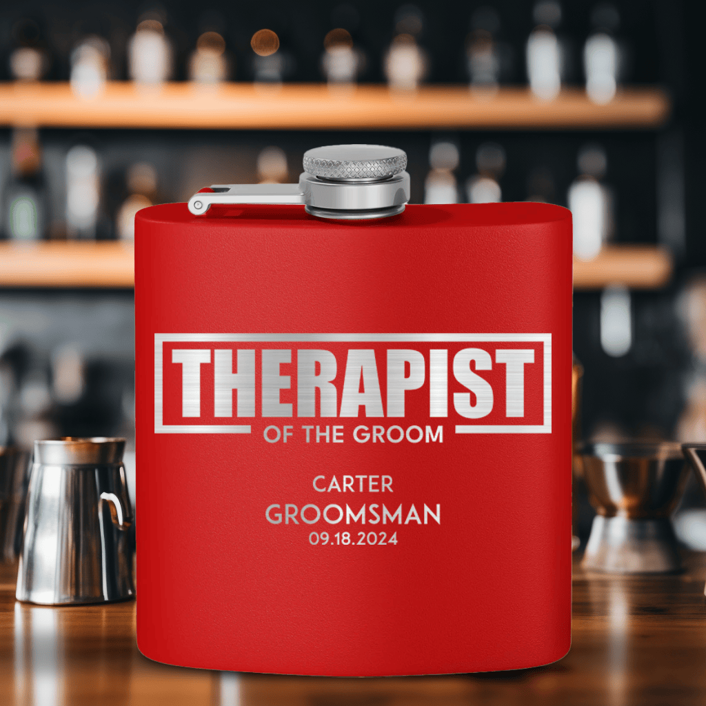 Red Groomsman Flask With Therapist Of The Groom Design