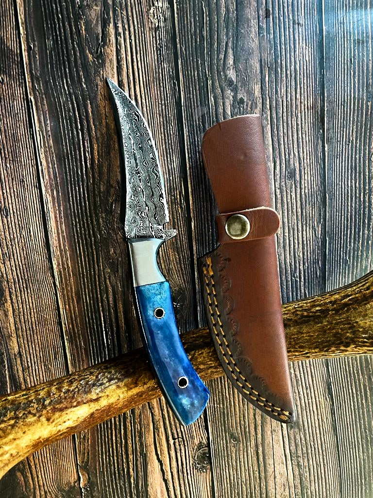 Damascus Hunting Knife Dyed Blue Bone Handle TD-601 - Groovy