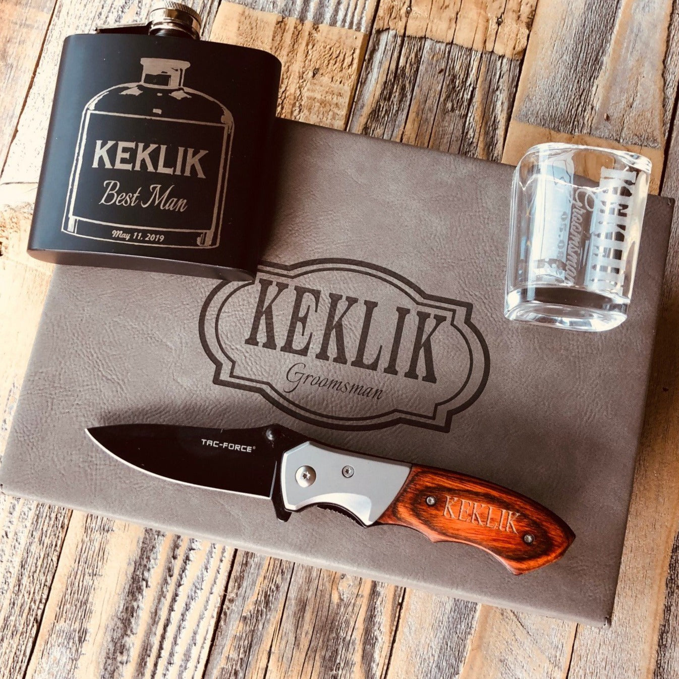 Grey Box Set Groomsmen Gift with Flask & Knife & Shot Glass