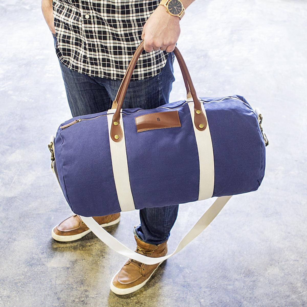 Personalized Canvas &amp; Leather Duffle Bag Navy