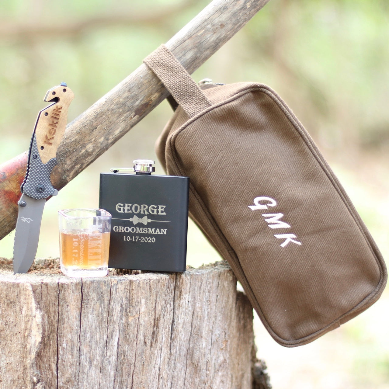 Groomsmen Gift Personalized Toiletry Bag Gift Set - Flask, Shot Glass,  Knife, Toiletry Bag - Groovy Groomsmen Gifts