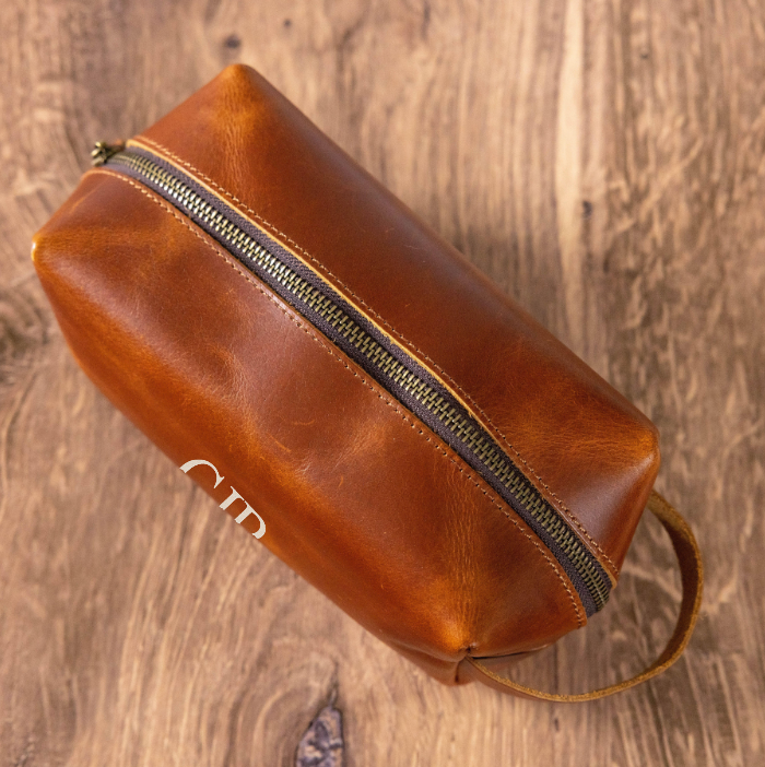 Personalized Brown Leather Wash Bag
